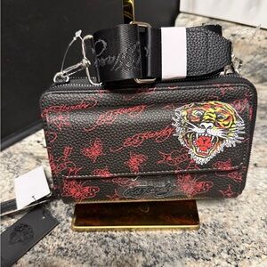 Ed Hardy Black Wallet on a strap with Red Tiger Motif